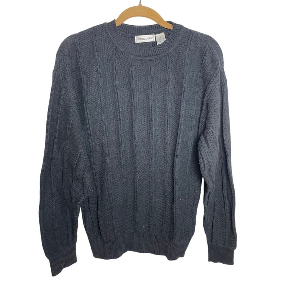 Claiborne Men's crewneck Sweater Fisherman Cable Knit Black Cotton Pullover Sm